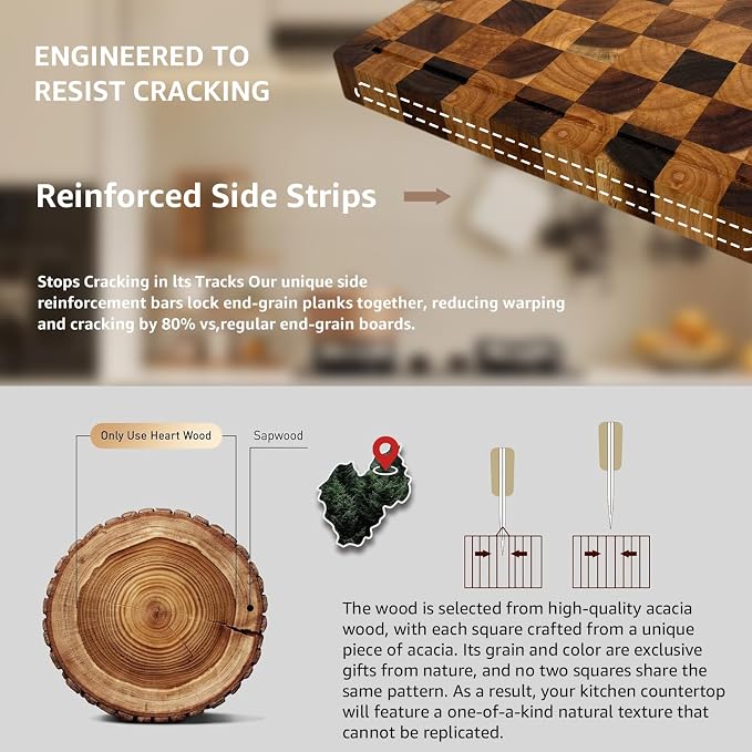 Acacia Wood Cutting Boards for Kitchen, Checkered Chopping Board with Juice Grooves & Handles, Large Butcher Block Serving Tray with Non‑Slip Feet, 17" × 12" × 1.5"