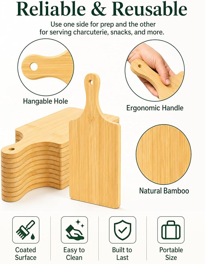 12 Pcs Small Wood Cutting Board with Handle,11x5 In Mini Charcuterie Boards | Hanging Unfinished Bamboo Chopping & Serving Board Bulk for Craft,Laser Engraving, Charcuterie, Home Decor, Housewarming Gift