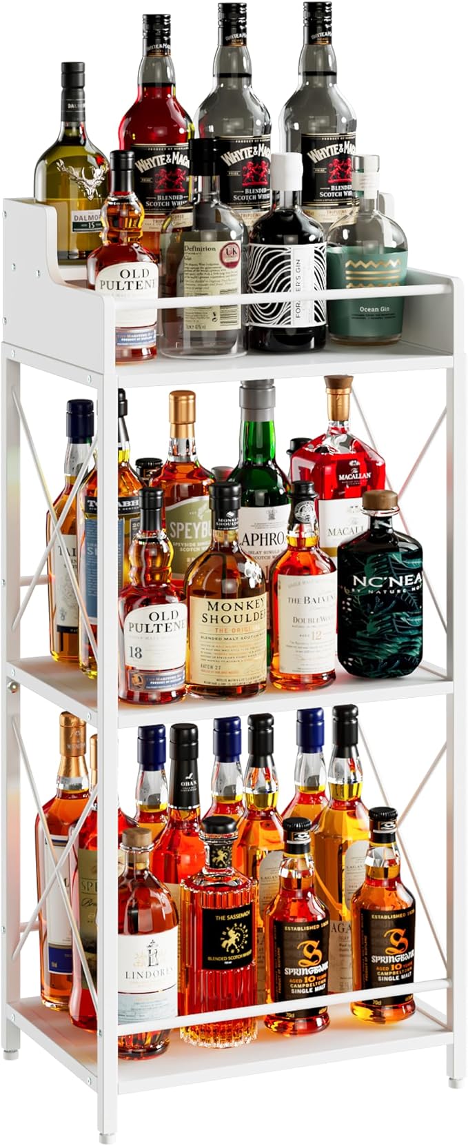 KLM Liquor Bottle Display Shelf, Liquor Cabinet bar for Home, 4 Step Liquor cabinetck, Mini bar,Liquor Cabinet, Home Retro Bar Shelf Stand for Liquor Whiskey, Spirits. (White)