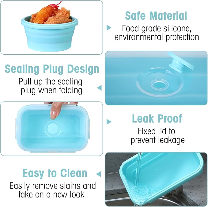 Yaomiao 16 Pack Collapsible Food Storage Containers with Lid Air Vent Foldable 8 Rectangle Storage Bowl and 8 Round Silicone Food Bow for Lunch Camping Rv Accessories Microwave Freezer(Blue)