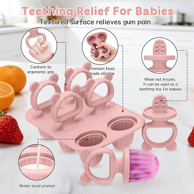 Silicone Baby Popsicle Molds with Sticks, Mini Popsicles Molds for Babies | Breastmilk Popsicle Molds for Teething Relief, Frozen Treats Maker Popsicle Maker Ice Pop Mold for Toddlers Kids(Pink)