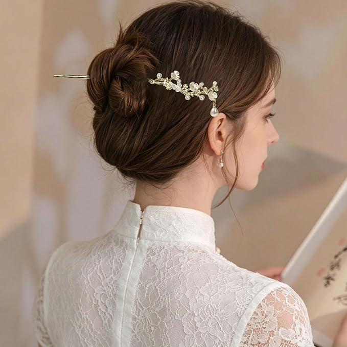 2Packs Lily of the Valley Chinese Hair Sticks for Buns, Pearl Flower Vintage Metal Hair Chopsticks for Women and Girls Dangle Tassel Pendant Accessories Hanfu Handmade Decor Hairpin (gold white)
