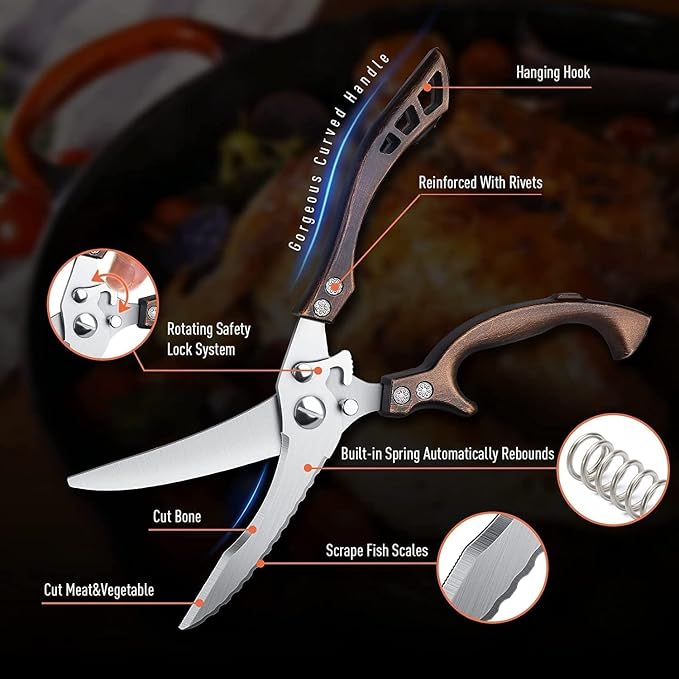 Poultry Shears, Heavy Duty Kitchen Shears with Serrated Edge, No Rust Spring Loaded, Multipurpose Stainless Steel Kitchen Scissors for Chicken, Bone, Meat, Turkey, Fish Thanksgiving Gifts
