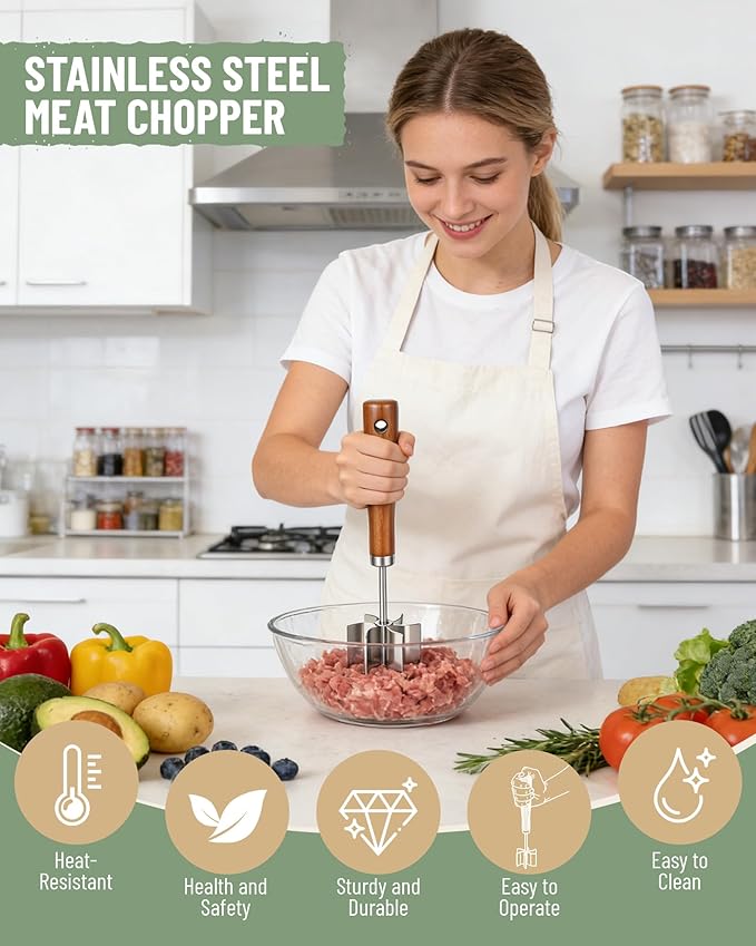 Stainless Steel Meat Masher: Ground Beef Chopper Hamburger Smasher Tool | Heat Resistant Up To 1500℉,6 Curve Blades,Hangable Wooden Handle,Efficient Chop and Stir Kitchen Gadgets