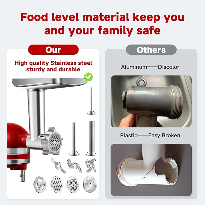 Meat Grinder Attachment for Kitchen Aid Stand Mixer, Food Attachment Included 4 Grinding Plates, 3 Sausage Stuffer Tubes & Holder, 2 Grinding Blades, Burger Press, Dishwasher Safe, Stainless Steel