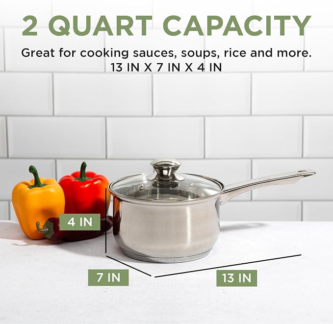 Ecolution Stainless Steel Sauce Pan, Encapsulated Induction Ready Cooking Pot with Glass Lid, Oven Safe, Dishwasher Safe Soup Pot, 2-Quart