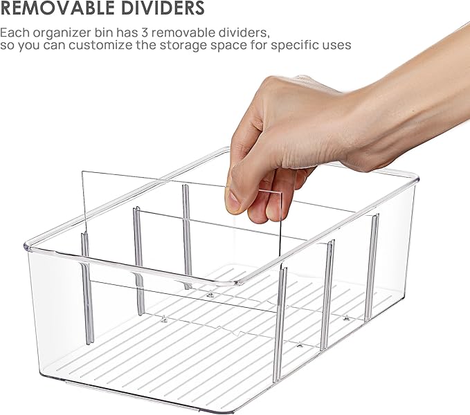 Vtopmart 6 Pack Food Storage Organizer Bins, Clear Plastic, 4 Compartments | For Pantry, Kitchen, Fridge and Cabinet Organization, Organize Food Packets, Snacks, Pouches and Spice Packets