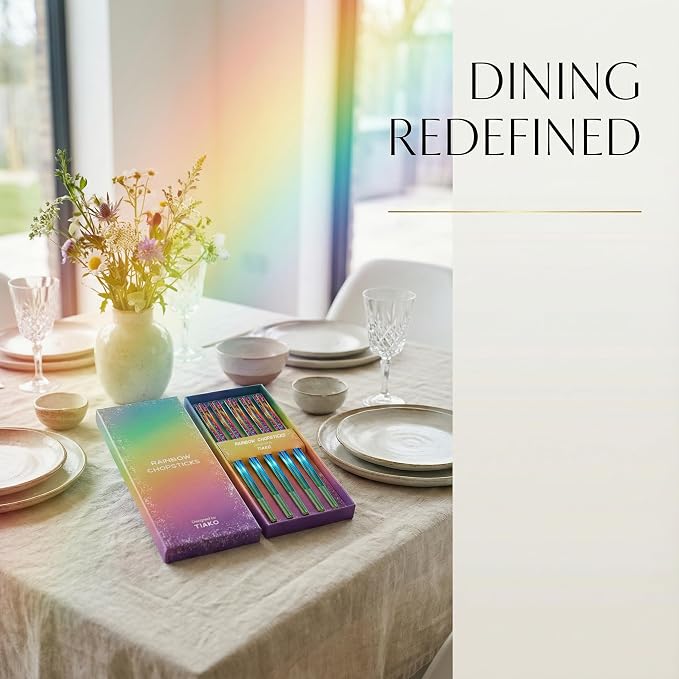 Stainless Steel Rainbow Chopsticks - 5 Pairs Reusable Metal Chopsticks with Non-Slip Tips, Dishwasher Safe, Colorful Utensil Set for Adults, Kids, Asian Cuisine, Sushi, Noodles, Home Kitchen or Gift