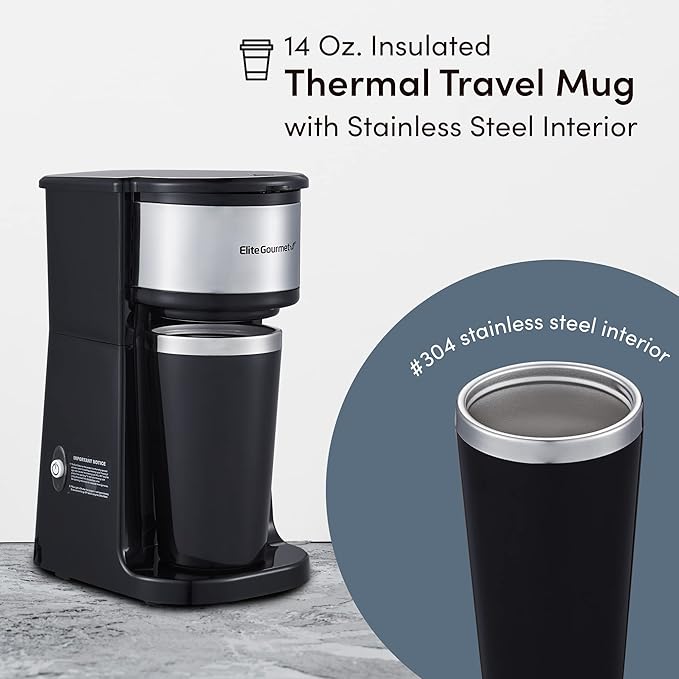 Elite Gourmet EHC112 Personal Single-Serve Compact Coffee Maker Brewer Includes 14Oz. Thermal Travel Mug with Stainless Steel Interior, Compatible with Coffee Grounds, Reusable Filter, Black