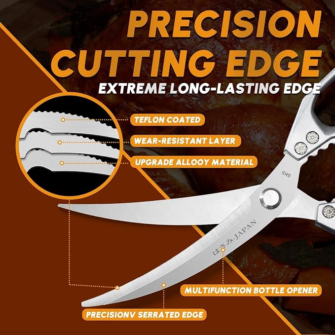 Huusk Kitchen Scissors for Food - Multifunction Poultry Shears Heavy Duty | Japanese Stainless Steel Kitchen Shears for Meat, Fish, Chicken, Turkey, Ergonomic Handle, Easy to Clean, Gifts for Women