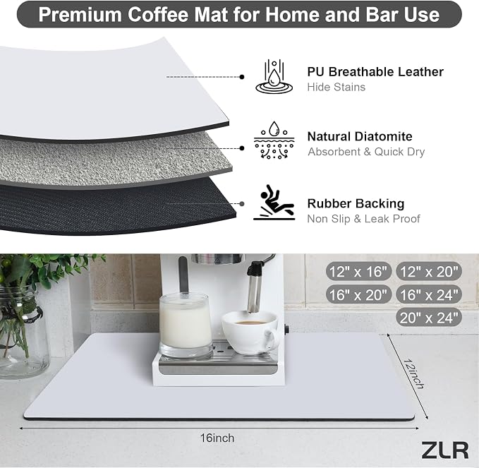 ZLR Large Coffee Bar Mat for Coffee Station, 16"x24" XL, Light Gray | Oversized Counter Protector, Absorbent Dish Drying Mat, Fits Espresso, Grinder, Frother & Cup Display, Hides Stains
