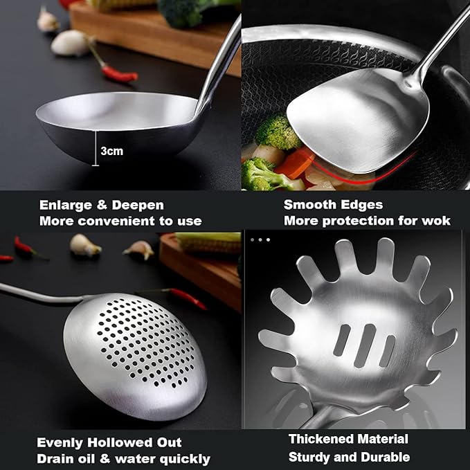 Stainless Steel Kitchen Cooking Utensils Set 6 PCS Dishwasher Safe | Food-grade 304, All Metal, 12-13.6", Wok Spatula, Ladle, Skimmer, Slotted Spatula Turner, Spaghetti Spoon, Large Spoon
