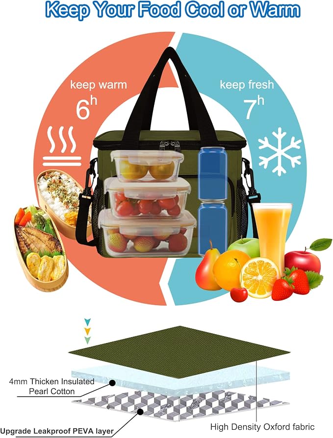 Lunch Bags for Women/Men, Insulated Lunch Bag for Work Office Picnic - Large Lunch Cooler Bag Leakproof Lunch Box with Adjustable Shoulder Strap for Adults - Army Green