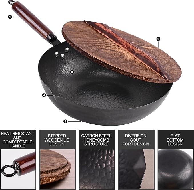 Leidawn 12.8" Carbon Steel Wok,11 Pcs Woks & Stir Fry Pans Wok Pan with Lid | Pre-Seasoned No Chemical Coated Chinese Pan with 10 Cookware Accessories, Flat Bottom Woks for Electric, Induction,Gas Stoves