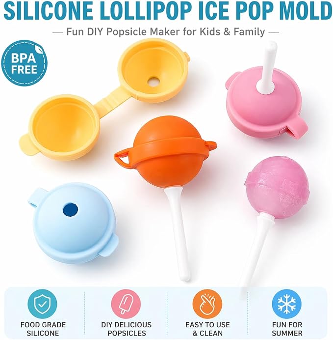 Silicone Lollipop Ice Cream Maker Molds, Reusable Popsicle Mold for Kids, DIY Ice Pop Maker for Juice Yogurt Frozen Treats, Fun Summer Dessert Mold (4)