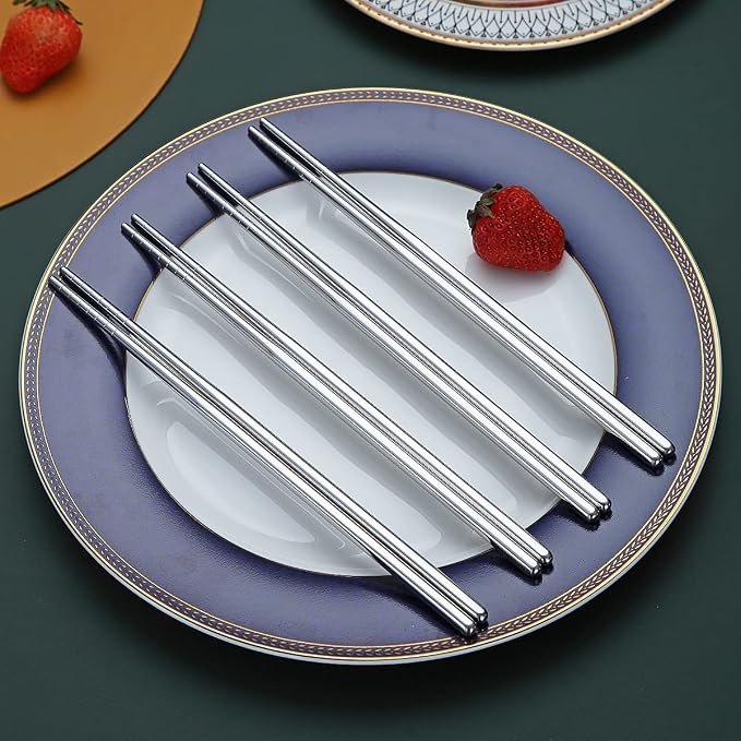 10 Pairs Reusable Chopsticks, Stainless Steel Metal Chop Sticks, Japanese Chinese Korean Chopstick Dishwasher Safe, 8.9 Inch (Silver / Chop sticks)