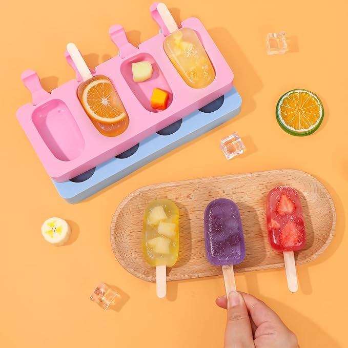 Ouddy Life Popsicle Molds Set of 2, Ice Pop Molds Silicone 4 Cavities Ice Cream Mold Oval Cake Pop Mold with 50 Wooden Sticks for DIY Popsicle (Pink, Blue)