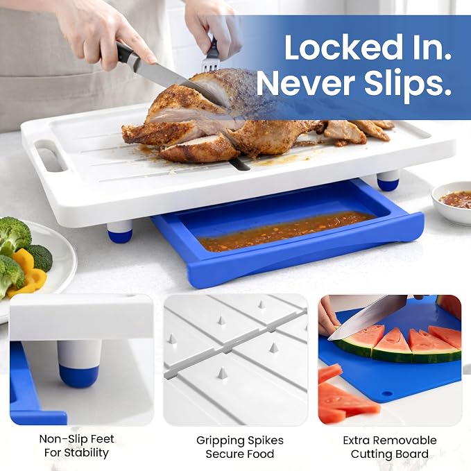 Large Cutting Board - XL Meal Prep System with Juice Groove, Spikes, Drip Tray & Removable BPA Free Cutting Board - Patented Multi-Feature Design Carving Board - BBQ Essential & Kitchen Gifts