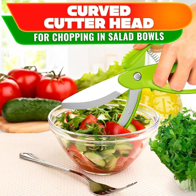 Salad Scissors for Chopped Salad, Two-Blade, Spring-Loaded System | 8.9" Salad Chopper Scissors for Fast Double Cutting; Chops Lettuce, Veggies, and Fruits; Non-Slip Handle; Anti-Slash Head