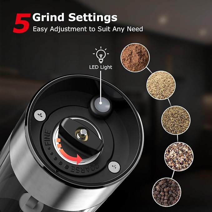 Bonsenkitchen Electric Salt and Pepper Grinder Set, 95ml Large Capacity, Clean Brush, Stainless Steel Adjustable Pepper Mill with LED for Kitchen, BBQ & Camping, Battery Powered (Not Included)
