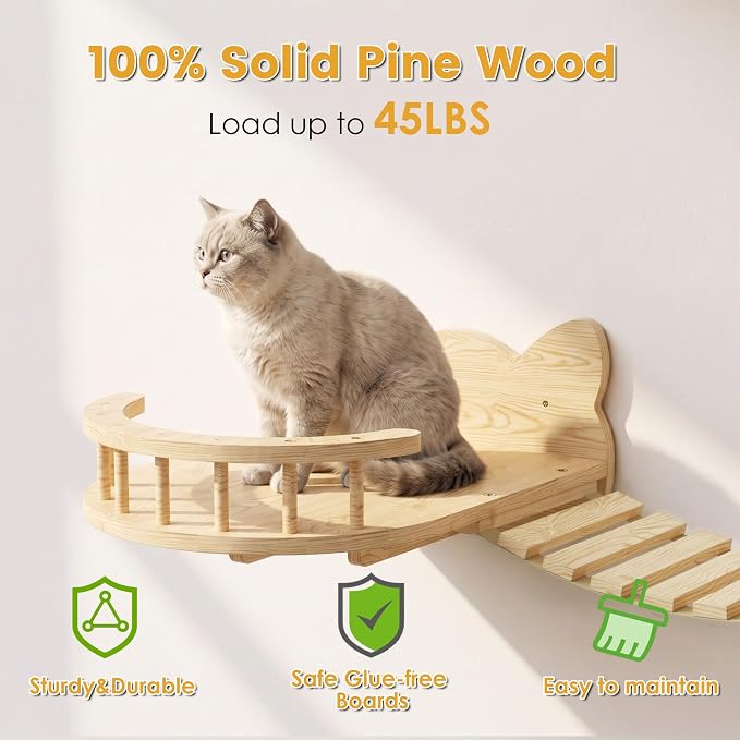 16-in-1 Cat Wall Shelves, Solid Pine Wood Cat Climbing System with Tunnel, Perch, Bridge, Condo and Sisal Scratching Post, Indoor Wall-Mounted Furniture for Cats