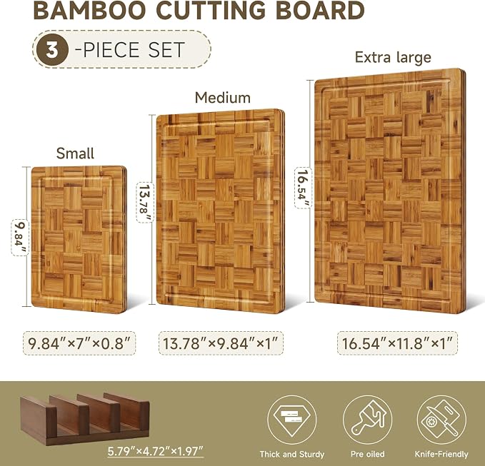 Large Cutting Board Set,Bamboo Wood Cutting Boards For Kitchen,3 Packs | Chopping Board With Juice Groove, For Butcher Block,Vegetables,Fruits And Cheese