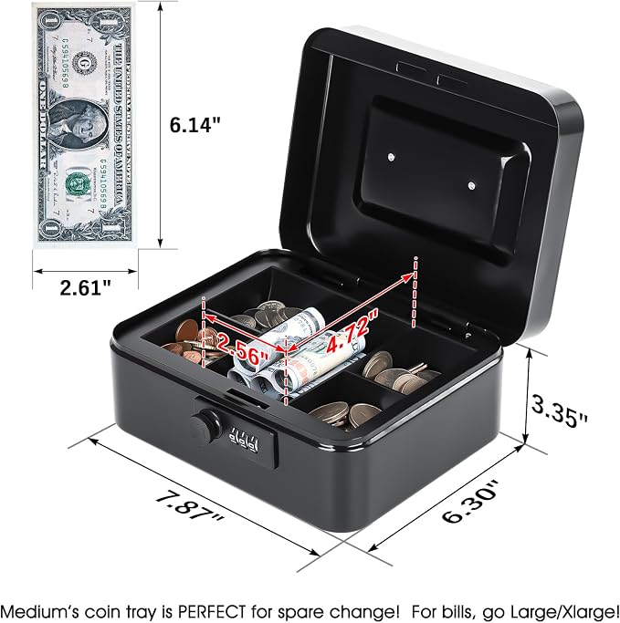 KYODOLED Cash Box with Combination Lock Safe Metal Money Box with Money Tray for Security Lock Box 7.87"x 6.30"x 3.35" Black