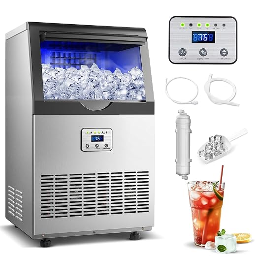 Amzgachfktch Commercial Ice Maker, 110lbs/24H Ice Maker Machine w/ 25 lbs Storage, 45 Ice Cubes in 12 Mins, Auto Self-Cleaning, Blue Light, Under Counter/Freestanding Ice Machine for Home Bar