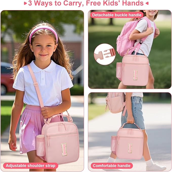 Initial Insulated Lunch Bag for Girls Kids, Back to School Gift, Reusable Leak-proof Lunch Box with Adjustable Strap for School Daycare Travel Picnic (Pink,I)