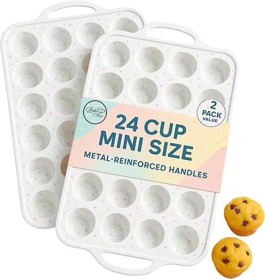 2-Pack Mini Muffin Pan 24 cups - Silicone Muffin Pans with Metal-Reinforced Handles – Nonstick, BPA-Free, Food-Grade Bakeware for Mini Cupcakes & Snacks – Dishwasher Safe, Cream