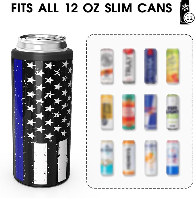 TILUCK Skinny Can Cooler, Stainless Steel Insulated Slim Cans, 12 oz | Beer & Hard Seltzer, Doucle-Walled Stainless Steel Insulated Slim Cans, Slim 12 oz(Black U.S. Flag)