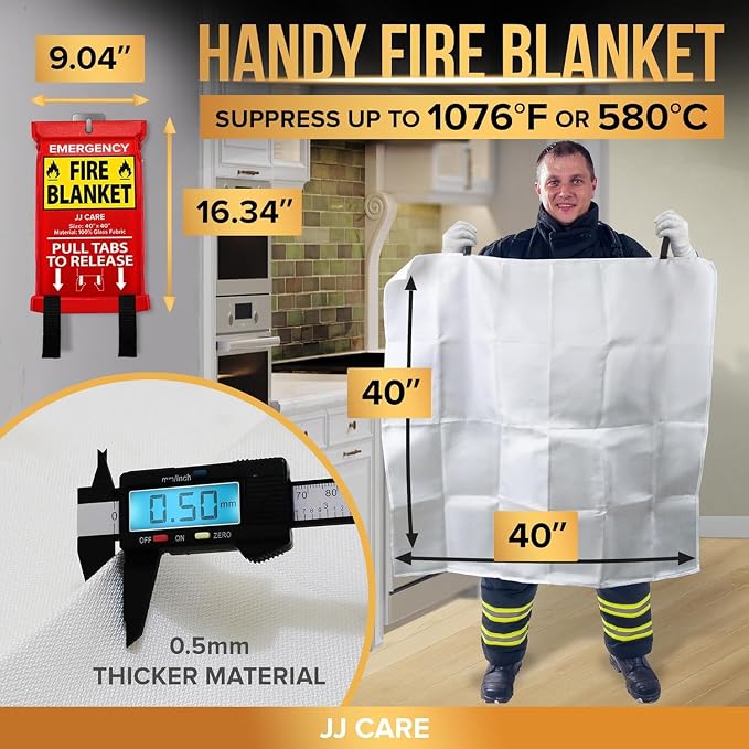 JJ CARE Fire Blanket – 5 Packs with Hooks – 40” x 40” Fire Blankets Emergency for Home and Kitchen, High Heat Resistant and Flame Protection for Kitchen, Car, Office, Camping & Home Safety