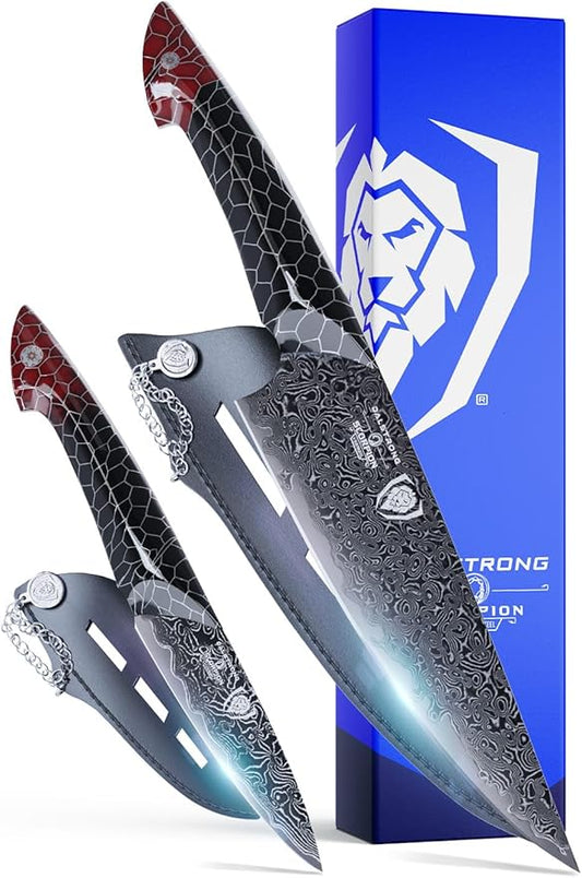 Dalstrong 2 Piece Knife Set - Chef Knife 8"+Paring Knife 4"-Scorpion Series Hellfire-Japanese V12 Ultra™Steel-Black Damascus-Black & Red Honeycomb Resin Handle-Leather Sheath