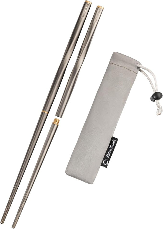 Thous Winds Titanium Chopsticks, Foldable Ultralight Chopsticks, Reusable Utensils for Camping Backpacking Hiking Travel Home, 9-inch, with Storage Bag