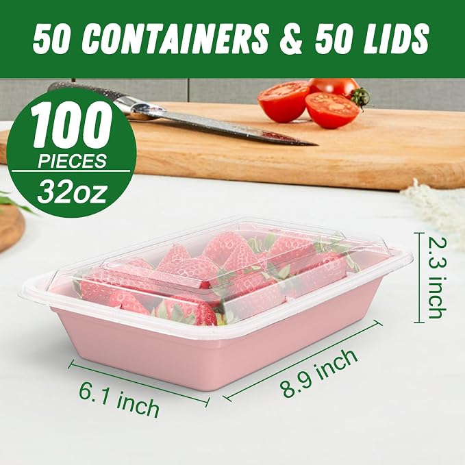 50 Pack (100-Piece) 32 oz Meal Prep Containers with Easy Open Lids, Pink | Sturdy Leakproof & Food Safe, Microwave, Freezer, Dishwasher Safe Prep Containers, To Go Take Out Plastic Food Storage