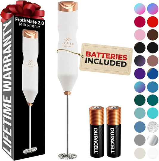 Zulay Kitchen Powerful Frother Wand AA Batteries Included, Ultra Fast Handheld Drink Mixer, Comfort Milk Frother, Stainless Steel Whisker, Frother Handheld for Coffee, Protein & Matcha - Frothmate 2.0