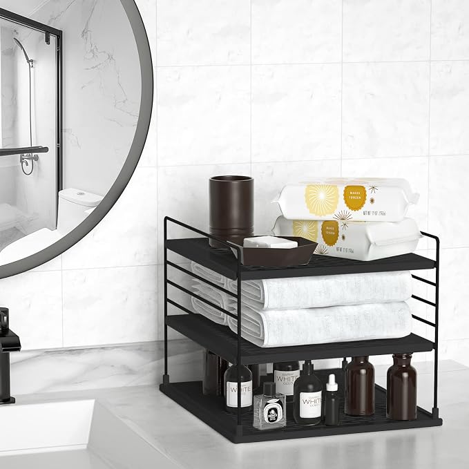 Adjustable Pantry Organizers and Storage - Steel Wire & Plastic Saran Wrap Holder, Black, 10.75 in x 12 in x 9.25 in