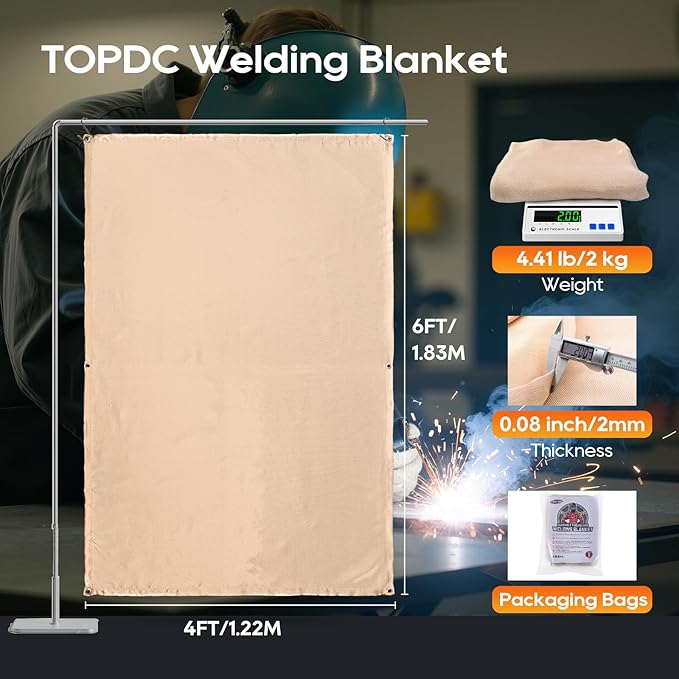 TOPDC Welding Blanket Heat Resistant 4x6 ft Heavy Duty Fiberglass Welding Blanket, 1022°F Heat Resistant Fabric Thickened Weld Cover with Grommets, Thermal Insulation Blanket for Smoker Camping Grill