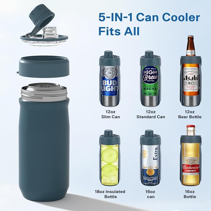 5 In 1 Beer Can Cooler Bottle Holder with Drinking Spout Lid for 12oz Regular, Slim Skinny Cans Bottles,Sealed Insulated Double Wall Vacuum Stainless Steel Can Keeps Your Drinks Cold(Blue)