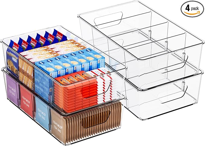Stackable 4 Pack Snack Organizer for Pantry Shelf,Clear Pantry Organizers and Storage Bins for Fridge,Office,Cupboard,Plastic Pantry Snack Organizer For Breast Milk,Tea Bag,Food Storage Containers