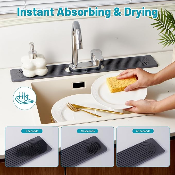 Stone Faucet Mat for Kitchen Sink with Oval Hole – 23.6" × 3.9" Diatomite Drying Stone Mat & Sink Protector, Quick-Dry Splash Guard Water-Absorbing Tray for Bathroom Counter（Dark Gray.23.6" x 3.9"）