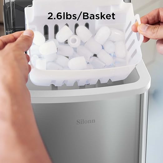 Silonn Countertop Ice Maker Machine, 9 Ice Cubes Ready in 6 Mins, 26 lbs/24 Hrs, Self-Cleaning Portable Ice Maker with Scoop & Basket, 2 Bullet Ice Sizes for Home, Kitchen, Office, Bar, Party
