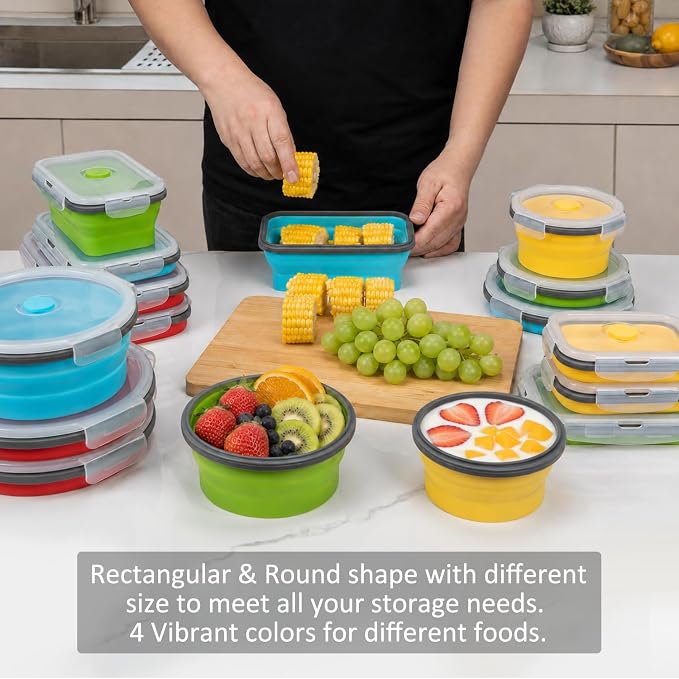 Collapsible Food Storage Containers with Lid & Air Vent, 8 Pack, 4 Rectangular + 4 Round, Annaklin Foldable Silicone Lunch Containers Collapsible Bowls Set, Microwave Freezer Dishwasher Safe, 4 Colors