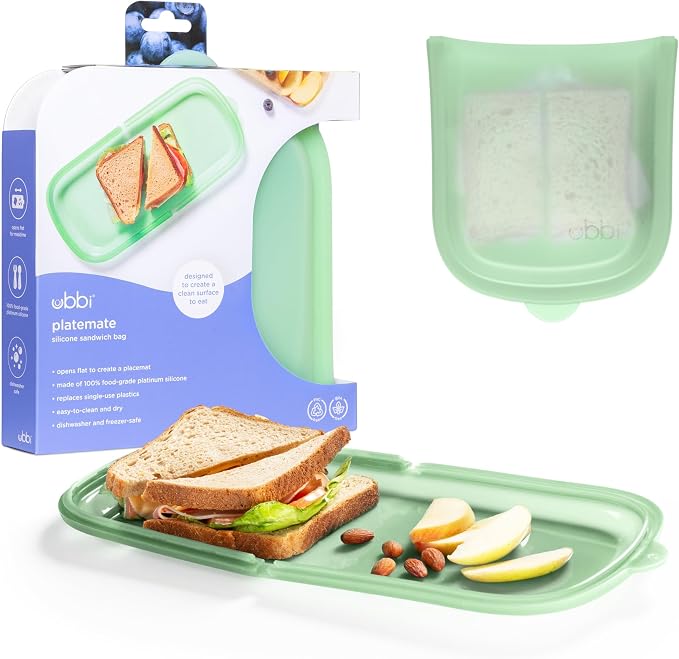 Ubbi Platemate Reusable Silicone Storage Bag, Sugar Snap Green | Opens Flat as Placemat, Dishwasher & Freezer-Safe, Lunch Container, Leakproof Sandwich & Snack Bag, Easy to Clean, BPA-Free