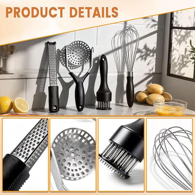 Kitchen Gadgets Set Stainless Steel Cooking Tools Essentials, Black, 4Pcs | Includes Whisk, Meat Tenderizer, Potato Masher Smasher, Grater Zester, Soft Ergonomic Handle, Dishwasher Safe, Space Saving