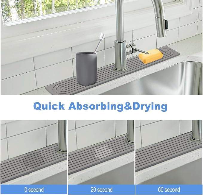 Stone Faucet Mat for Kitchen Sink, Dark Gray, 23.6"x3.9" | Diatomite, Fast-Drying, Super Water Absorbing, Faucet Splash Guard, For Bathroom or Kitchen Counter