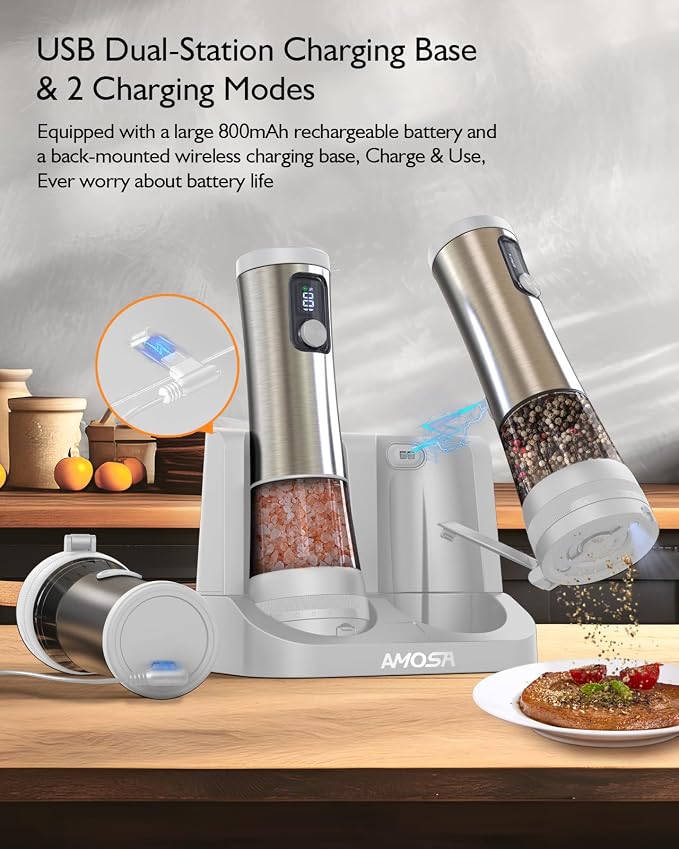 Electric Salt and Pepper Grinder Set, Upgraded 2-Speed Setting, External 5 Adjustable Coarseness, Battery Display Rechargeable Base, Stainless Steel Automatic Salt & Pepper Shaker Mill with LED, White