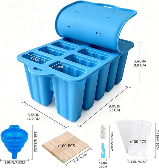 10-Cavity Silicone Popsicle Molds, BPA Free Homemade Ice Pop Maker, Blue | BPA Free Non-Stick, Easy Release, Comes with 100 Sticks, Bags, Brush & Funnel,Ideal for DIY Frozen Desserts,Kids & Home Use