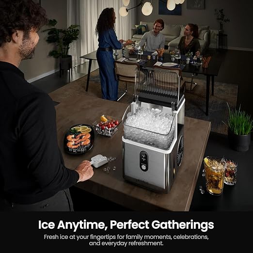 Kismile Nugget Ice Makers Countertop,Portable Ice Machine with Crushed Ice, 35lbs/Day,Self-Cleaning,One-Click Operation for Home Use(Silver)