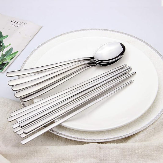 IQCWOOD Spoons and Chopsticks Set, 5 Pairs Stainless Steel Flat Chopsticks, 5 Set Korean Spoons, Metal Reusable Chop Sticks Dishwasher Safe for Home, Kitchen or Restaurant